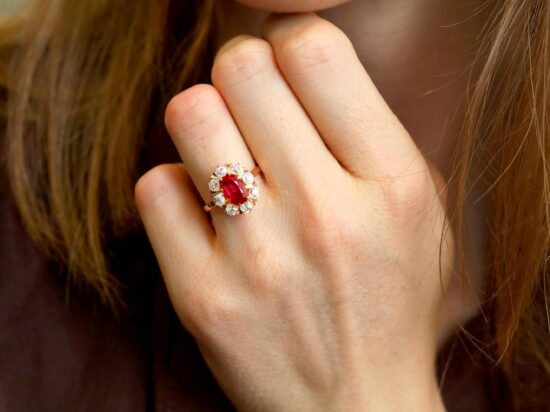 French Ruby Cluster Ring On Hand