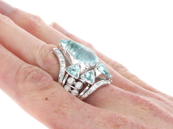 Triangular Aquamarine Ring On Hand