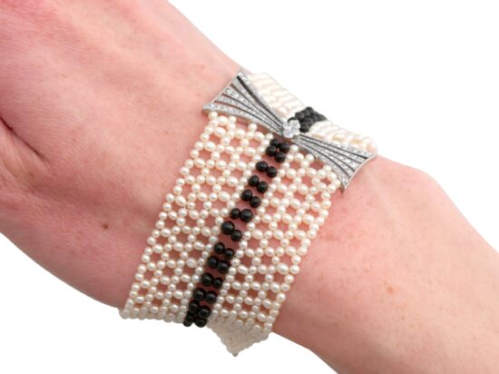 Antique Pearl Onyx Bracelet On Wrist