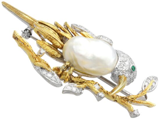 Emerald Diamond Bird Brooch Detail