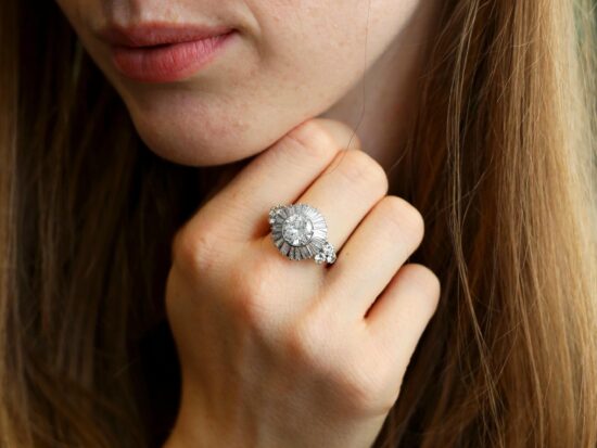 wearing Antique Ballerina Diamond Ring in Platinum