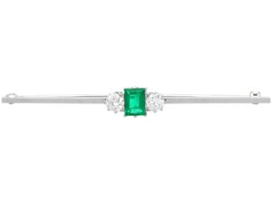 Antique Emerald Diamond Bar Brooch in White Gold