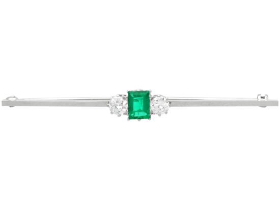 Antique Emerald Diamond Bar Brooch in White Gold