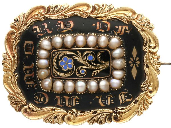Enamel and Seed Pearl and Yellow Gold Mourning Brooch