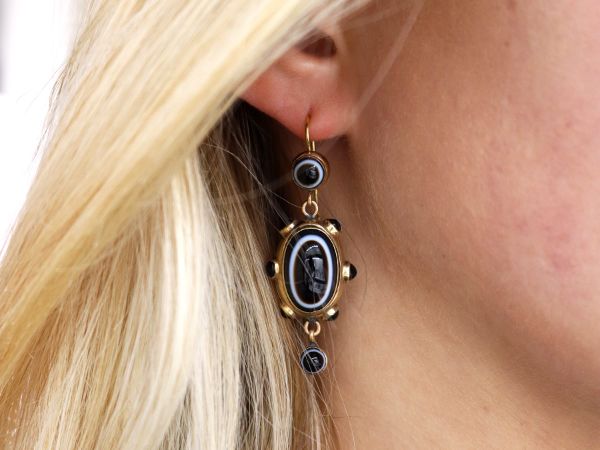 Banded Agate and and Yellow Gold Mourning Earrings