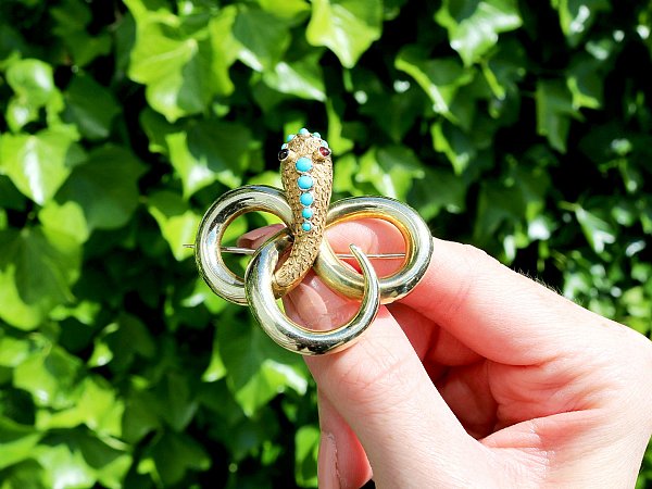 Turquoise and Garnet, 14ct Yellow Gold Snake Brooch