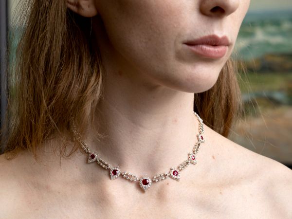 Wearing Ruby and 9.78ct Diamond, 9ct Yellow Gold Necklace