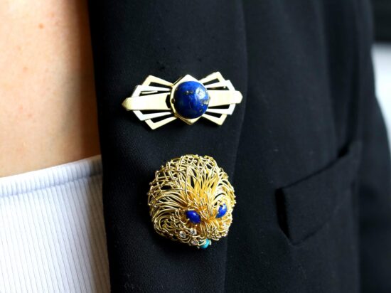 lapis lazuli brooches being worn