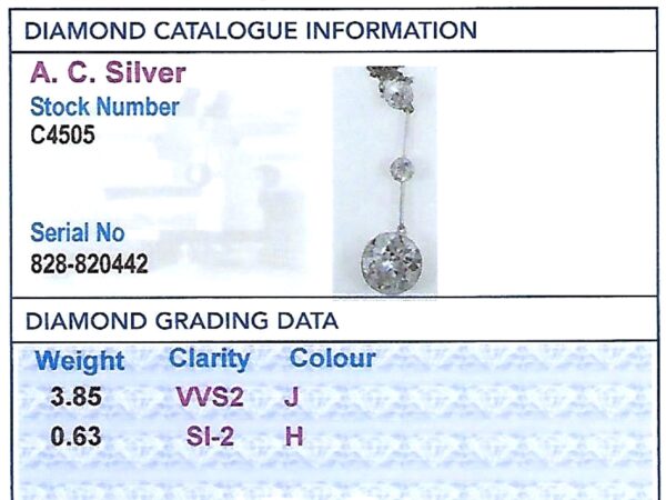 1920s 3 diamond drop pendant necklace grading card