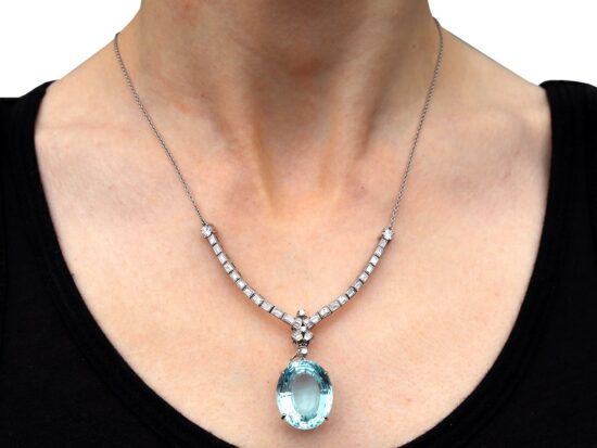 Diamond Necklace with Aquamarine Pendant wearing
