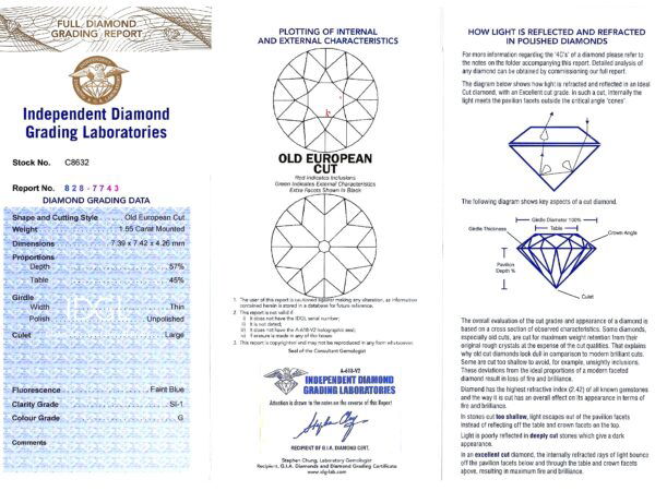 grading certificate for Victorian diamond brooch