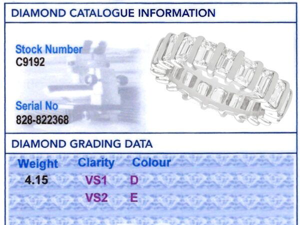 emerald cut diamond eternity ring grading card