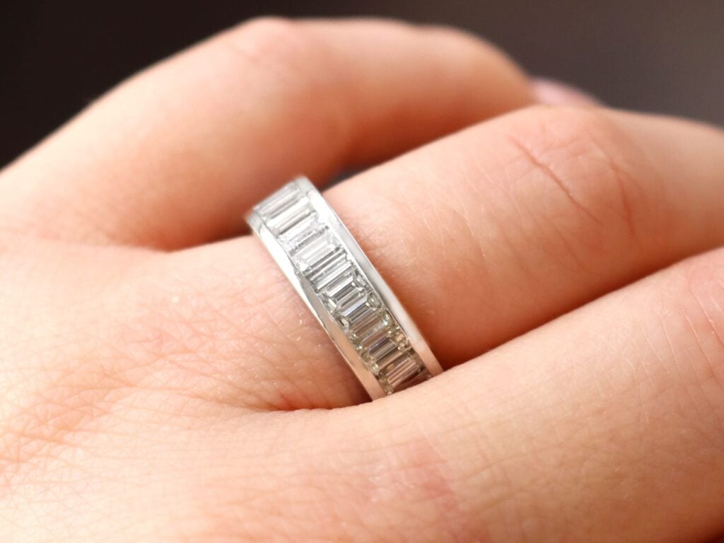 wearing a solo diamond eternity ring