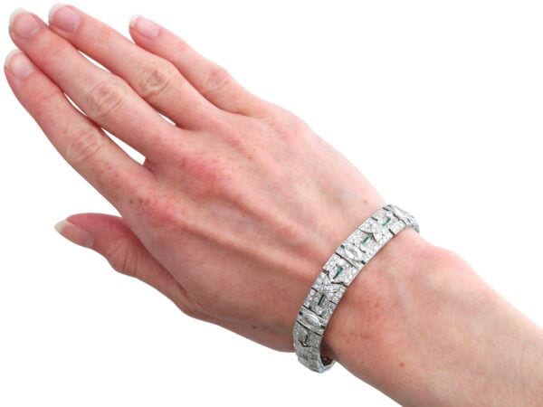 1920s emerald diamond bracelet on hand