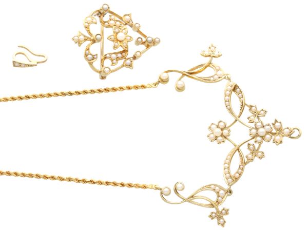 Victorian 15k Gold Pearl Necklace and Brooch apart