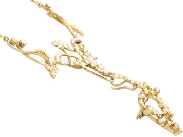 Victorian Gold Pearl Brooch necklace side view