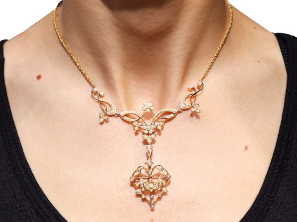 wearing Victorian 15k Gold Pearl Necklace brooch
