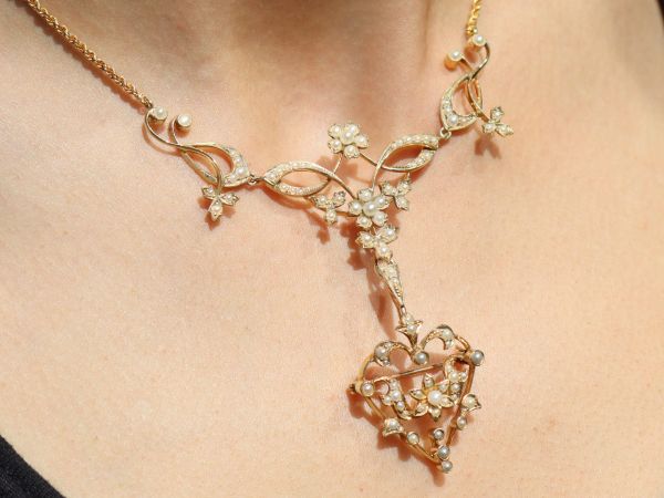 Victorian 15k Gold Pearl Necklace Brooch on Necklace