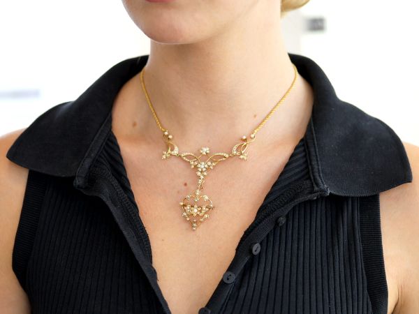 Victorian 15k Gold Pearl Necklace on neck