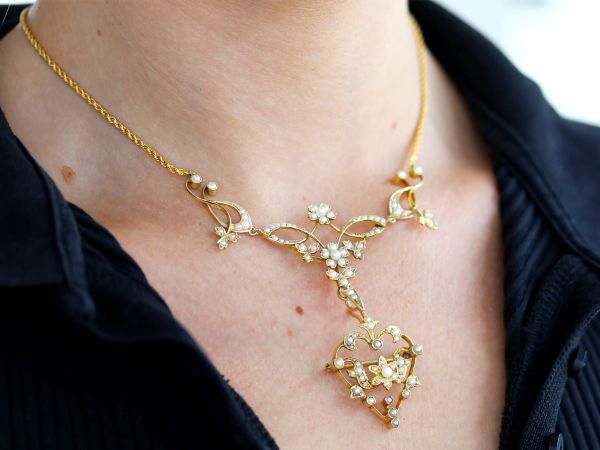 wearing Victorian 15k Gold Pearl Necklace