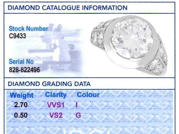 2.70 carat round brilliant cut diamond ring grading card