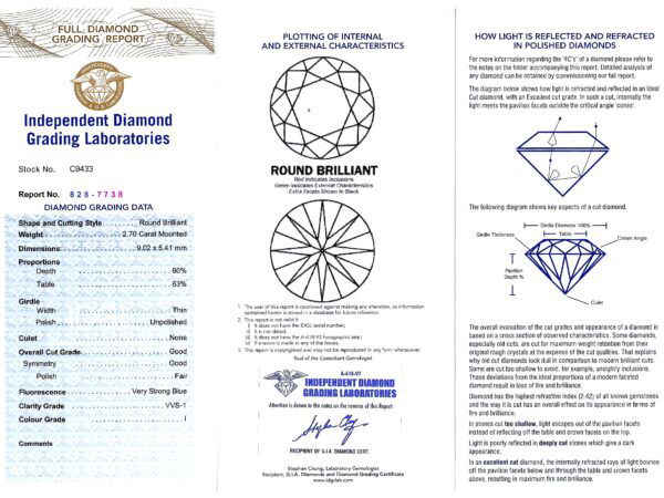 2.70 carat round brilliant cut diamond ring grading certificate