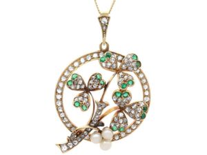 antique Victorian emeraldm diamond and pearl pendant in yellow gold