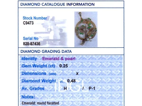 grading card for circular gold pendant with pearls and emeralds
