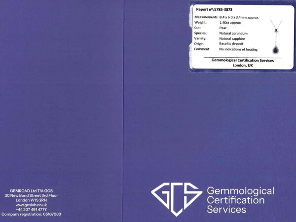 pear sapphire and diamond pendant grading certificate