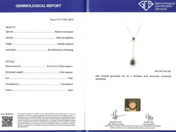 pear sapphire and diamond pendant certificate