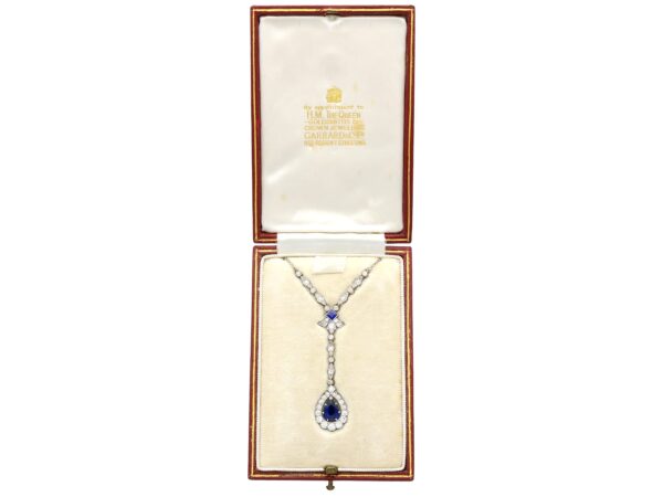 boxed platinum sapphire and diamond drop pendant