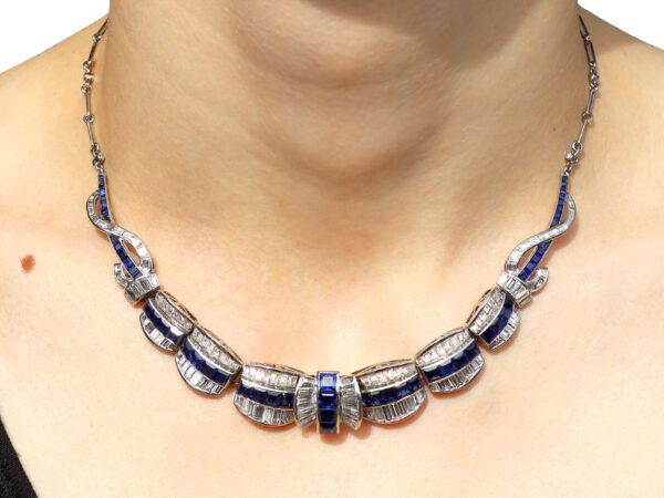 art deco sapphire necklace platinum on neck