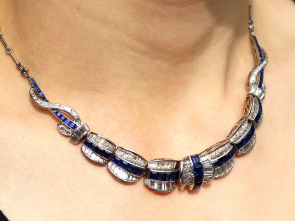 wearing art deco sapphire necklace platinum