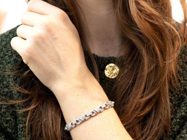 wearing a 1950s Art Deco Diamond Bracelet