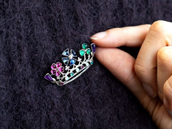 Gemstone Crown Brooch Worn Closeup