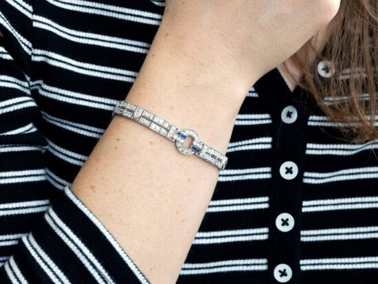 Antique Diamond and Sapphire Bracelet in Platinum wearing