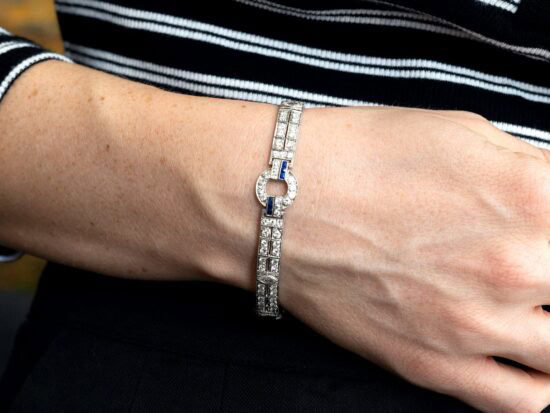 Antique Diamond and Sapphire Bracelet in Platinum wearing