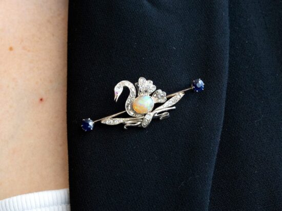 Wearing Victorian Gemstone Swan Brooch