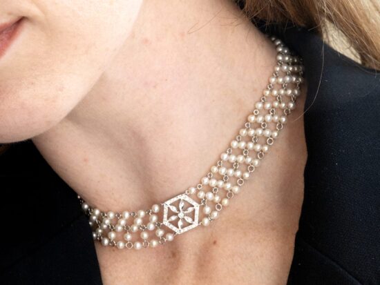 Wearing Diamond Pearl Choker Necklace