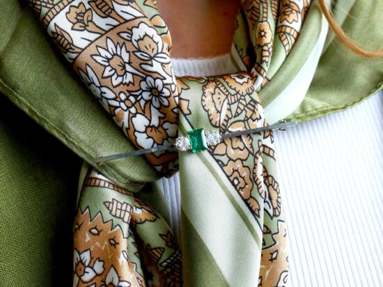 Wearing Emerald Bar Brooch On Scarf