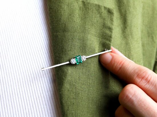 Emerald Bar Brooch Worn On Jacket