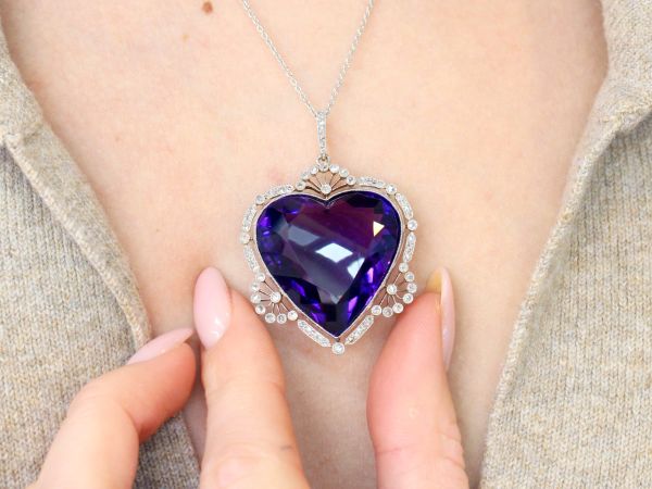 Amethyst and Diamond Gold Heart Pendant