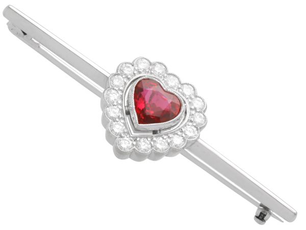 Vintage Ruby and Diamond White Gold Heart Bar Brooch