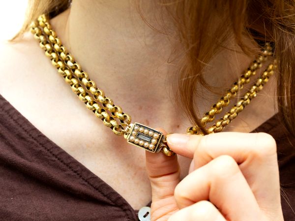 Double Strand 18ct Yellow Gold Necklace with a Pearl Clasp