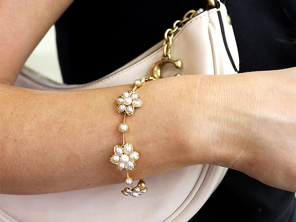 Wearing Victorian Pearl and Diamond Bracelet 