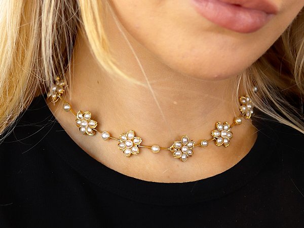 Victorian Pearl and Yellow Gold Necklace Wearing 