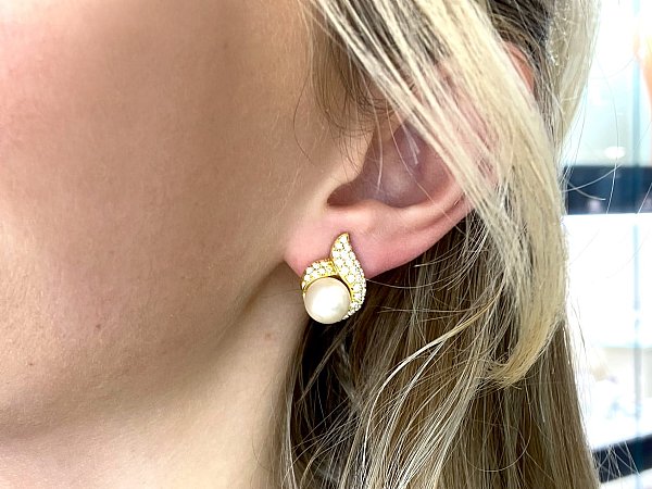 Pearl and Diamond Gold Cluster Earrings In Ears 