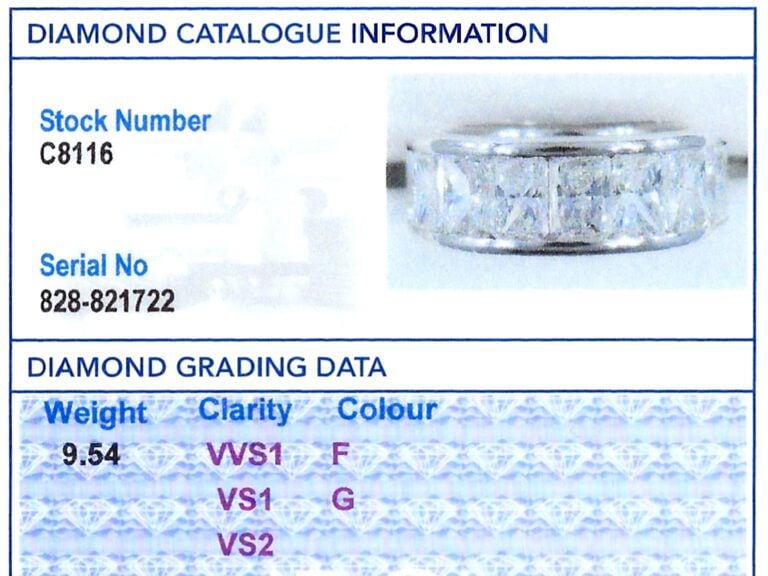 radiant cut diamond eternity ring grading card