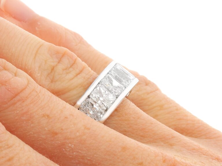 platinum radiant cut diamond eternity ring on hand