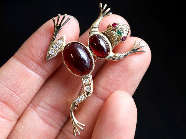 Diamond Ruby and Gemstone Frog Brooch